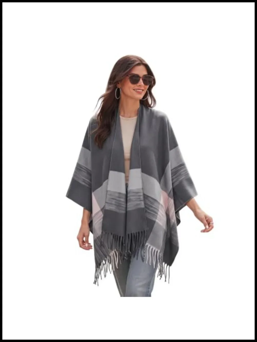 Oversized Open Front Poncho Cape Shawl Wrap Tassel Fringe Cozy Cardigan
